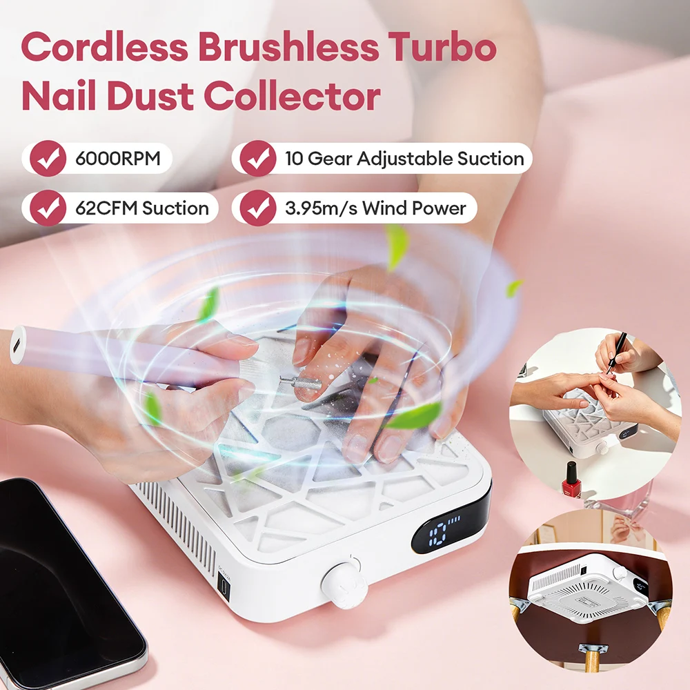 Rechargeable Mini Brushless Turbo Nail Dust Extractor 6000PRM Adjustable Speed Low Noise Manicure Vacuum Cleaner
Rechargeable Mini Brushless Turbo Nail Dust Extractor 6000PRM Adjustable Speed Low Noise Manicure Vacuum Cleaner
