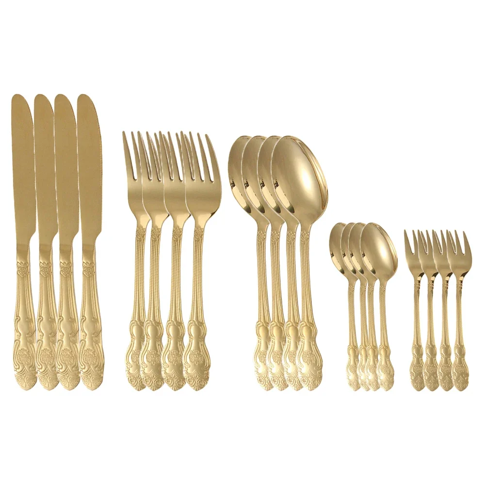 16/20pcs Dinnerware Set Stainless Steel Western Gold Royal Cutlery Silverware Spoon Tea Forks Knives Embossed Handle Tableware
16/20pcs Dinnerware Set Stainless Steel Western Gold Royal Cutlery Silverware Spoon Tea Forks Knives Embossed Handle Tableware