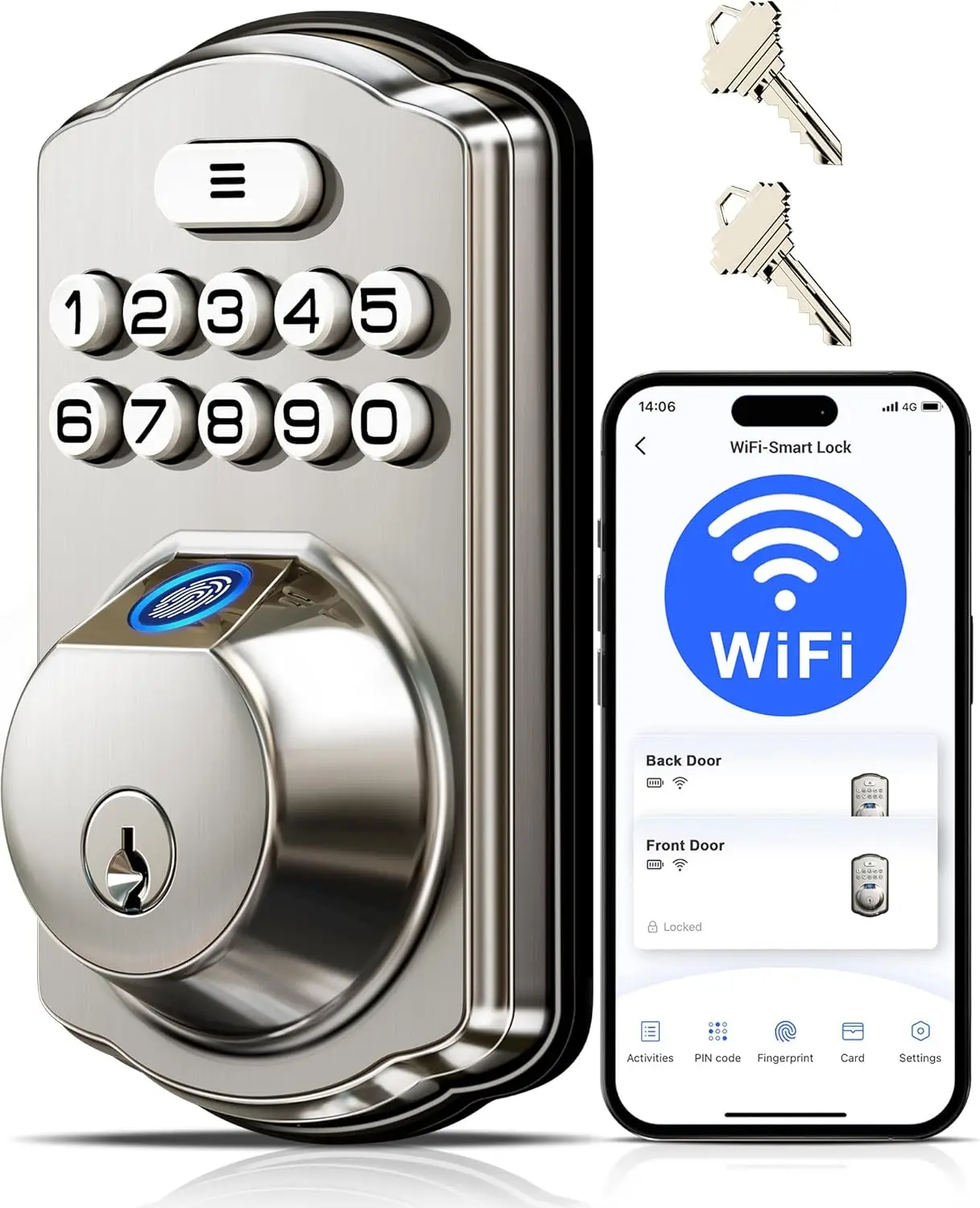 WiFi Smart Lock with Fingerprint, Remote App Control, Keyless Entry, Auto-Lock, Waterproof Deadbolt for Front Door
WiFi Smart Lock with Fingerprint, Remote App Control, Keyless Entry, Auto-Lock, Waterproof Deadbolt for Front Door