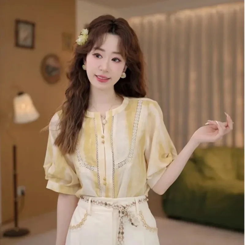 Retro Stand Collar Short Sleeve Blouse Women Summer Loose Unique Design Shirt
Retro Stand Collar Short Sleeve Blouse Women Summer Loose Unique Design Shirt