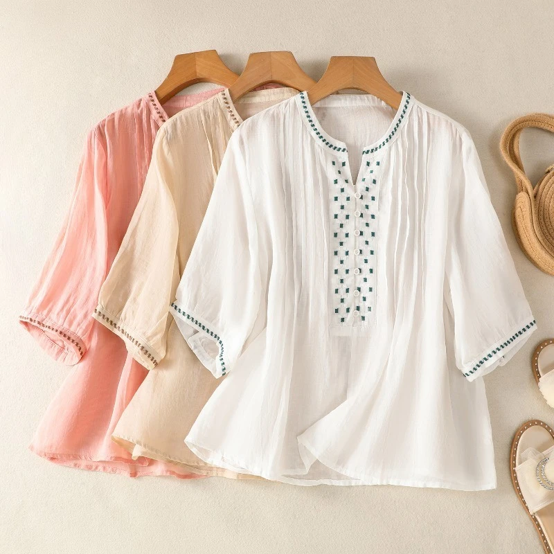 Chinese-style Women's Blouses Embroidery Vintage Shirts Fashion Loose Spring/Summer Korean Clothing Cotton Linen Women Tops
Chinese-style Women's Blouses Embroidery Vintage Shirts Fashion Loose Spring/Summer Korean Clothing Cotton Linen Women Tops