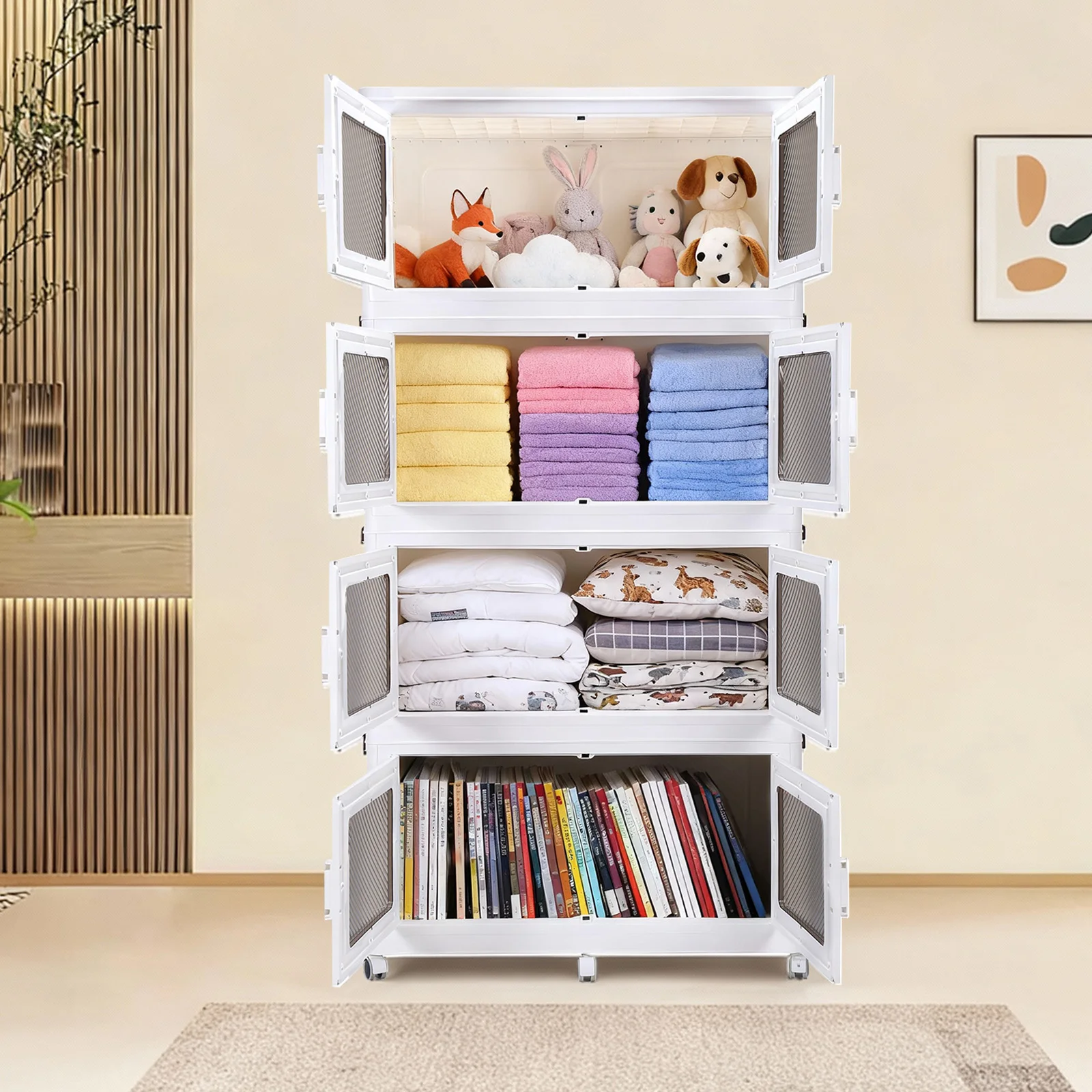4-Tier Stackable Plastic Storage Bins with Lid Space-Saving Storage Organiser with Doors and Wheels for Bedroom and Living Room
4-Tier Stackable Plastic Storage Bins with Lid Space-Saving Storage Organiser with Doors and Wheels for Bedroom and Living Room
