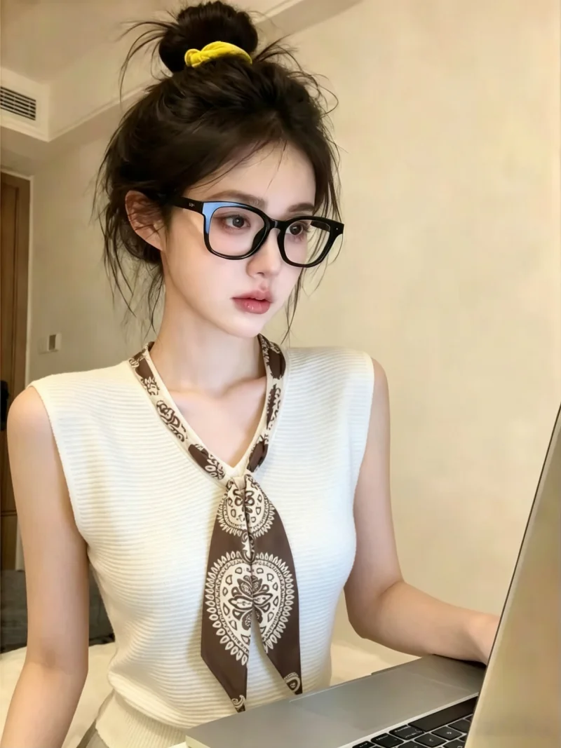 Unique Slimming V-Neck Knitwear with Silk Scarf Summer Collection Women's Fashion Korean Style Straight Cut Sleeveless Top
Unique Slimming V-Neck Knitwear with Silk Scarf Summer Collection Women's Fashion Korean Style Straight Cut Sleeveless Top