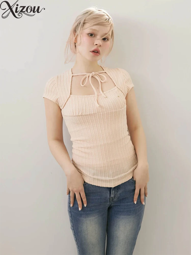 Lady T-shirts Summer Japanese Style Casual T Shirt Twisted Texture Tie Neck Slim Fit Short Sleeve T-Shirt Casual Tops Women
Lady T-shirts Summer Japanese Style Casual T Shirt Twisted Texture Tie Neck Slim Fit Short Sleeve T-Shirt Casual Tops Women