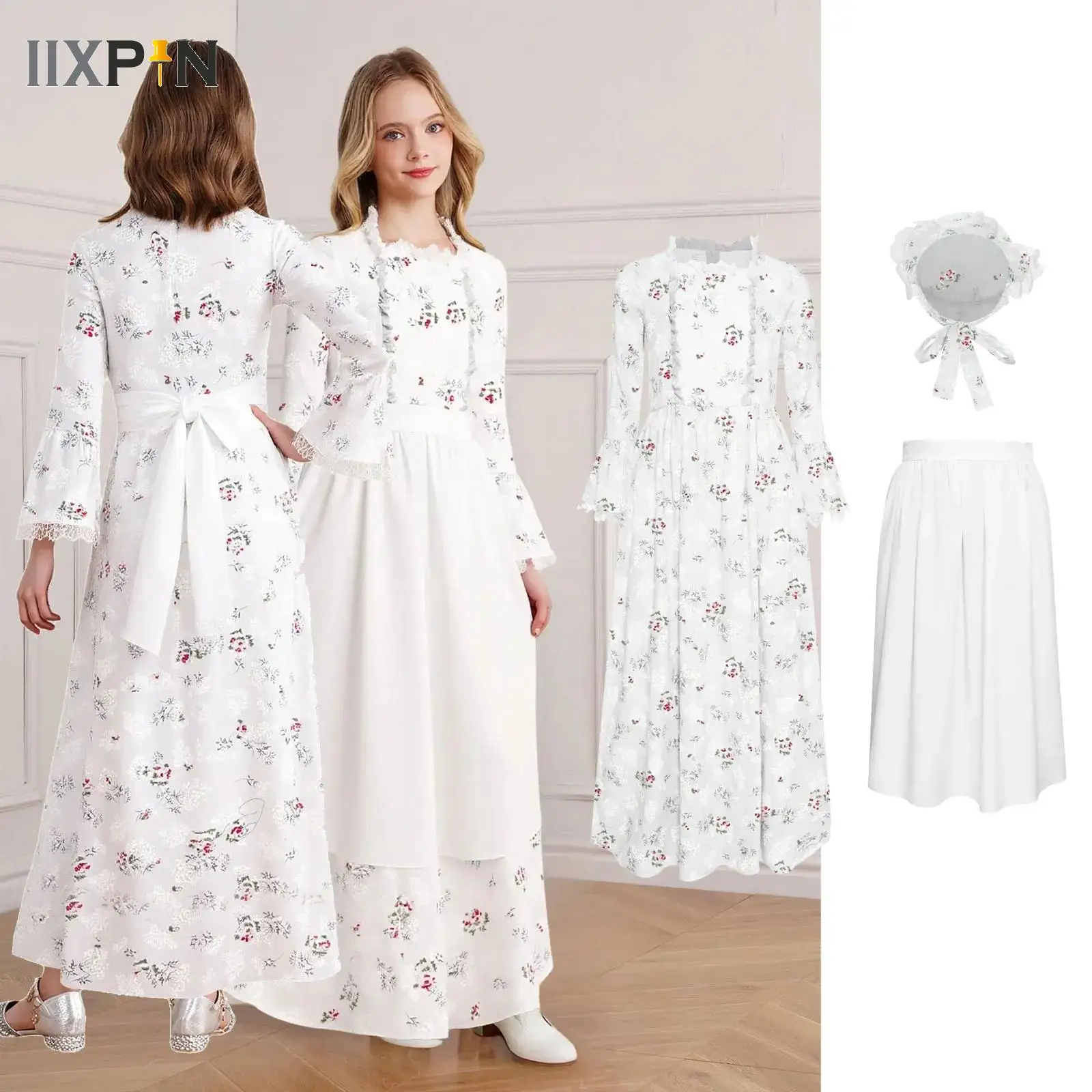 Kids Girls Pioneer Prairie Costume Floral Print Lace Colonial Farm Village Cosplay Dress and Apron Bonnet Carnival Dress Up
Kids Girls Pioneer Prairie Costume Floral Print Lace Colonial Farm Village Cosplay Dress and Apron Bonnet Carnival Dress Up