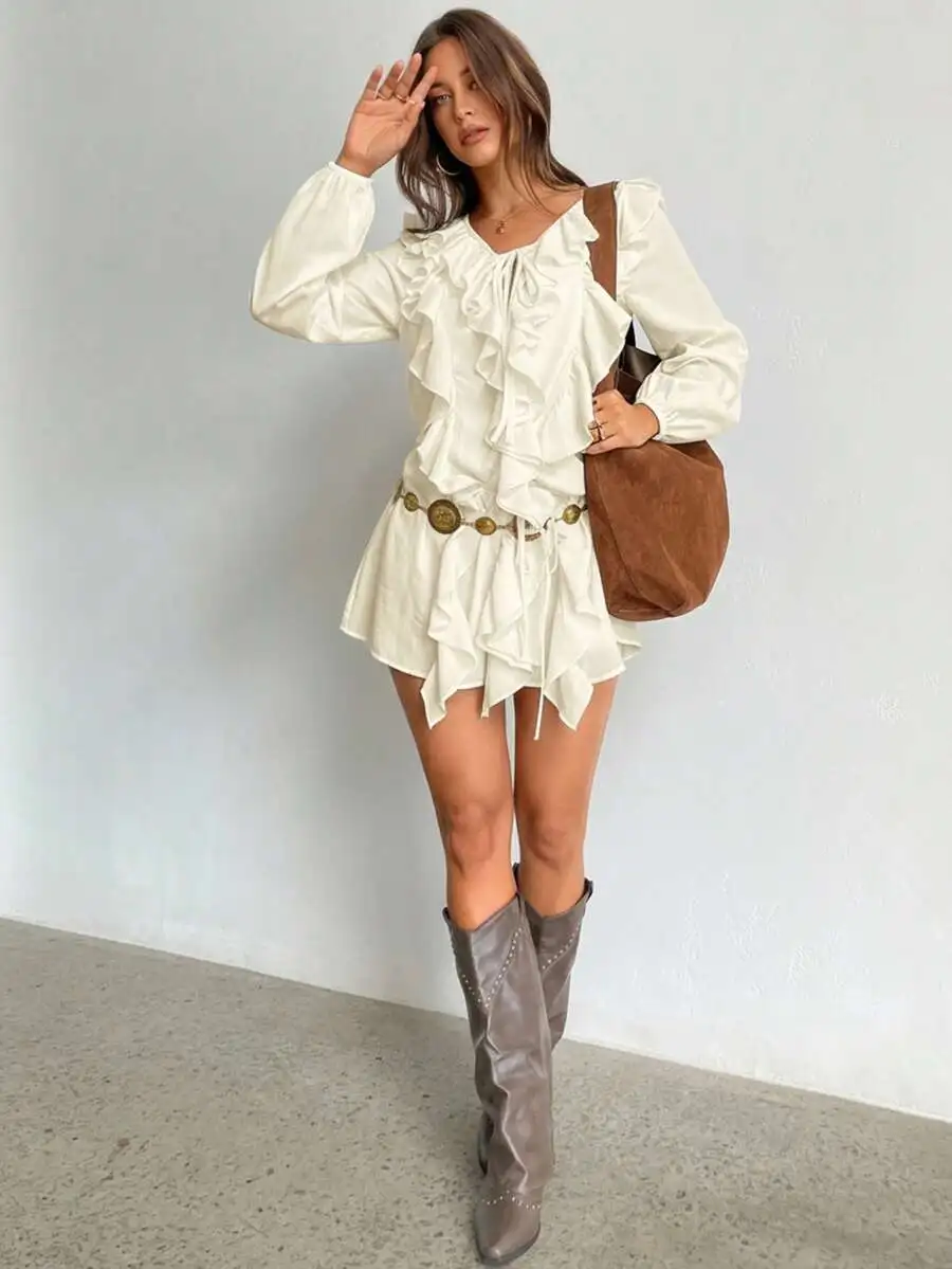 Women V-Neck Ruffle Hem Bohemian Chiffon Mini Dress With Tie Waist
Women V-Neck Ruffle Hem Bohemian Chiffon Mini Dress With Tie Waist