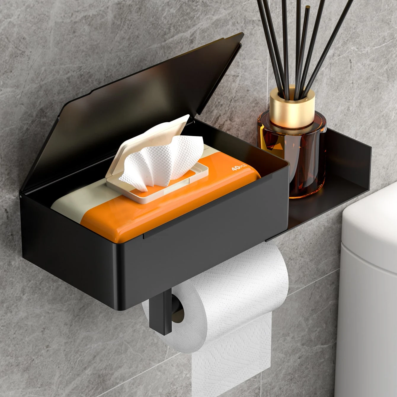 Wall mounted toilet paper holder with storage rack and wet wipe box - sturdy and durable, saving space for bathroom storage
Wall mounted toilet paper holder with storage rack and wet wipe box - sturdy and durable, saving space for bathroom storage