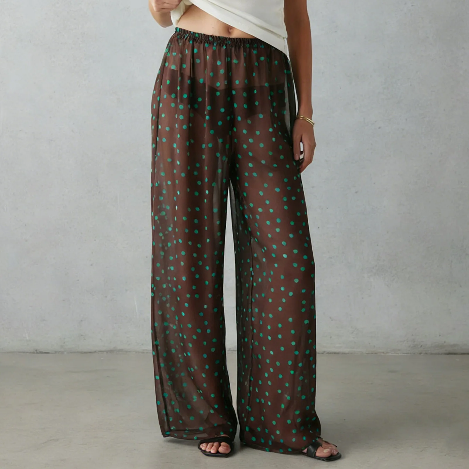 Women See Through Mesh Pants Elegant Dot Print Elastic Waist Wide Leg Loose Fit Trousers Bikini Cover up Sheer Beach Bottoms
Women See Through Mesh Pants Elegant Dot Print Elastic Waist Wide Leg Loose Fit Trousers Bikini Cover up Sheer Beach Bottoms