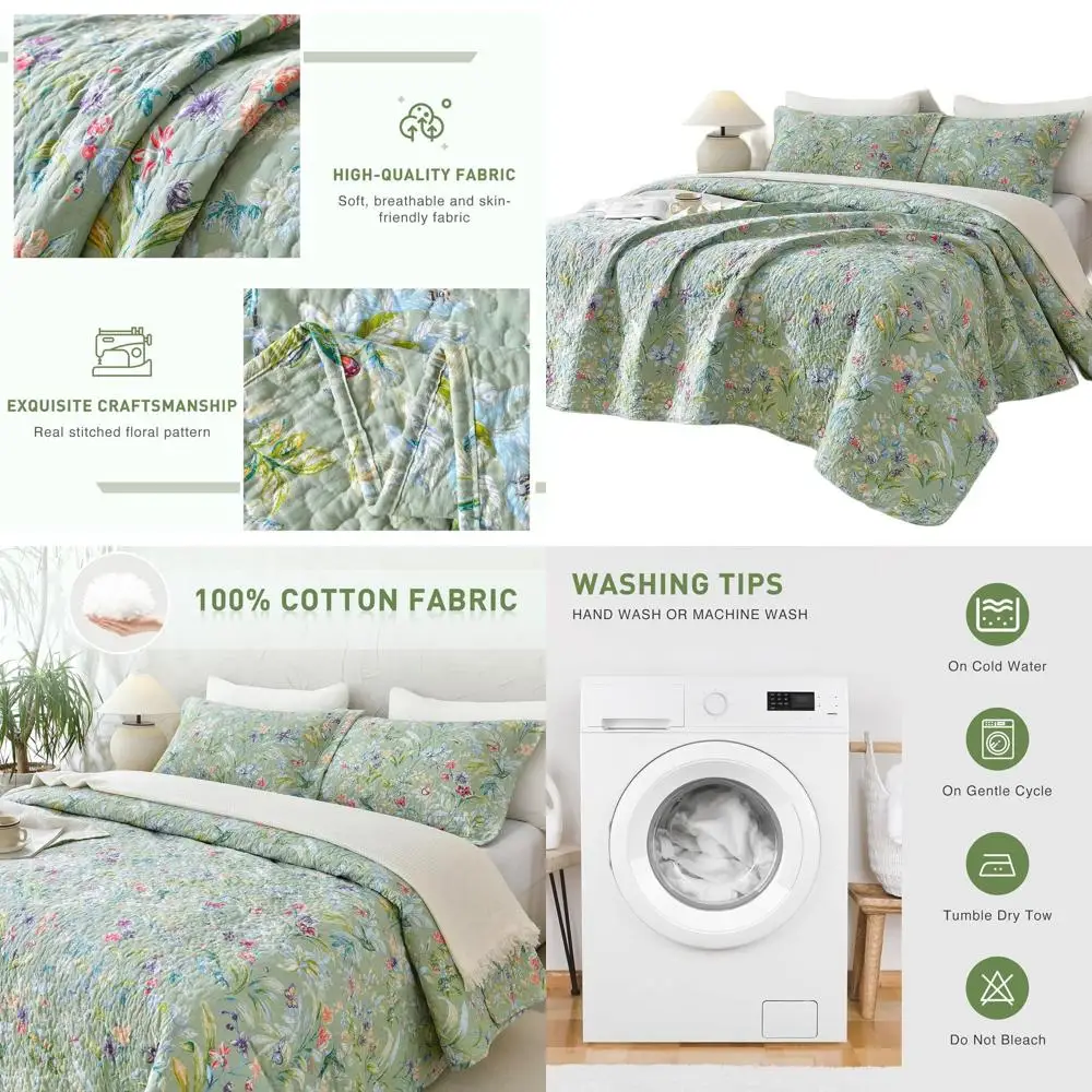 Queen Size 100% Cotton Floral Quilt Set with Pillow Shams - Green Botanical Print Bedding, Lightweight Coverlet, Soft Bedspread
Queen Size 100% Cotton Floral Quilt Set with Pillow Shams - Green Botanical Print Bedding, Lightweight Coverlet, Soft Bedspread