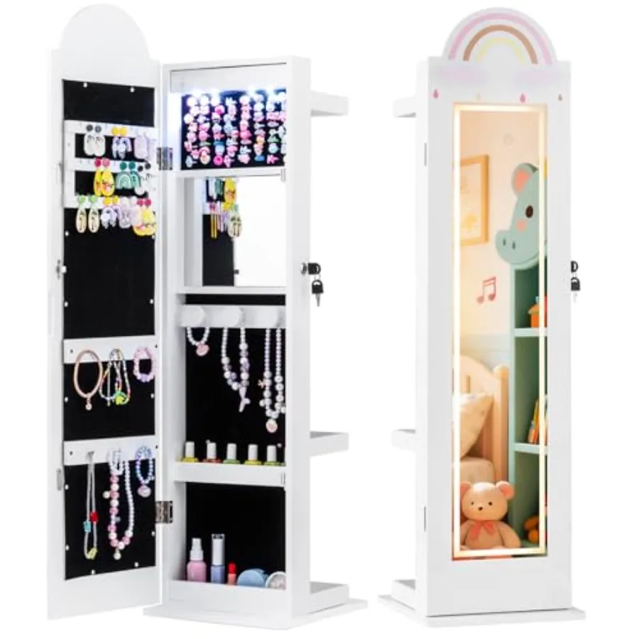 Jewelry Cabinet with LED Lights Rainbow Standing Jewelry Armoire w/Full-Length Mirror Makeup Mirror Ring Slot Lockable Princess
Jewelry Cabinet with LED Lights Rainbow Standing Jewelry Armoire w/Full-Length Mirror Makeup Mirror Ring Slot Lockable Princess