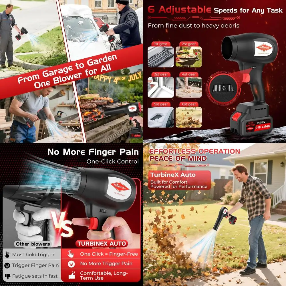 Беспроводная ручная воздуходувка для листьев и патио с аккумулятором, 1 миллион оборотов в минуту, легкая
Беспроводная ручная воздуходувка для листьев и патио с аккумулятором, 1 миллион оборотов в минуту, легкая