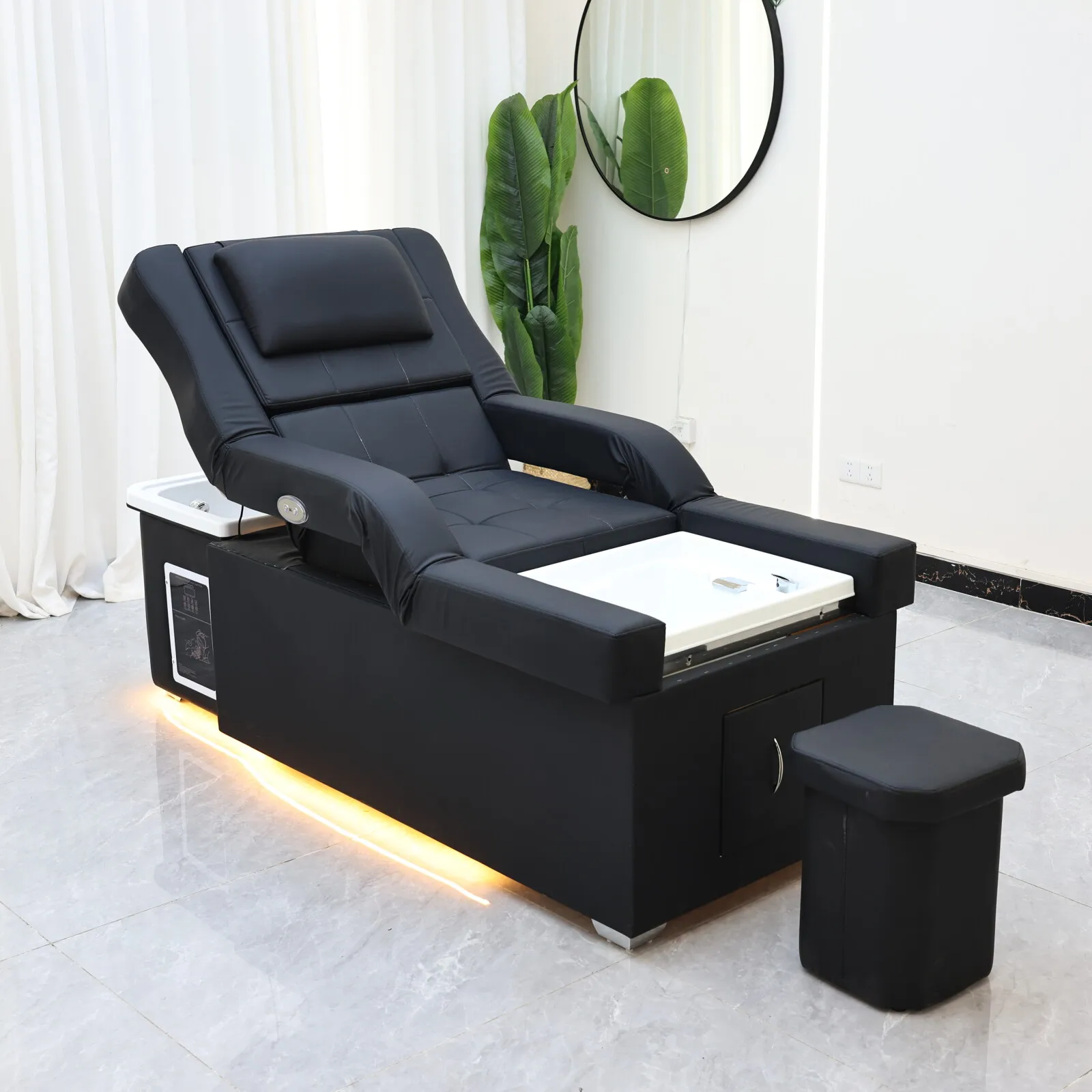 Modern black leather foot massage chair, salon 2-in-1 shampoo and foot bath station, electric foot massage chair with LED lights
Modern black leather foot massage chair, salon 2-in-1 shampoo and foot bath station, electric foot massage chair with LED lights