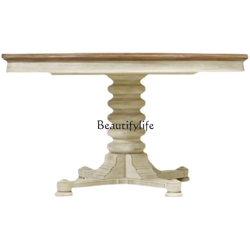 American retro old solid wood dining table French small apartment white carved round dining table
American retro old solid wood dining table French small apartment white carved round dining table
