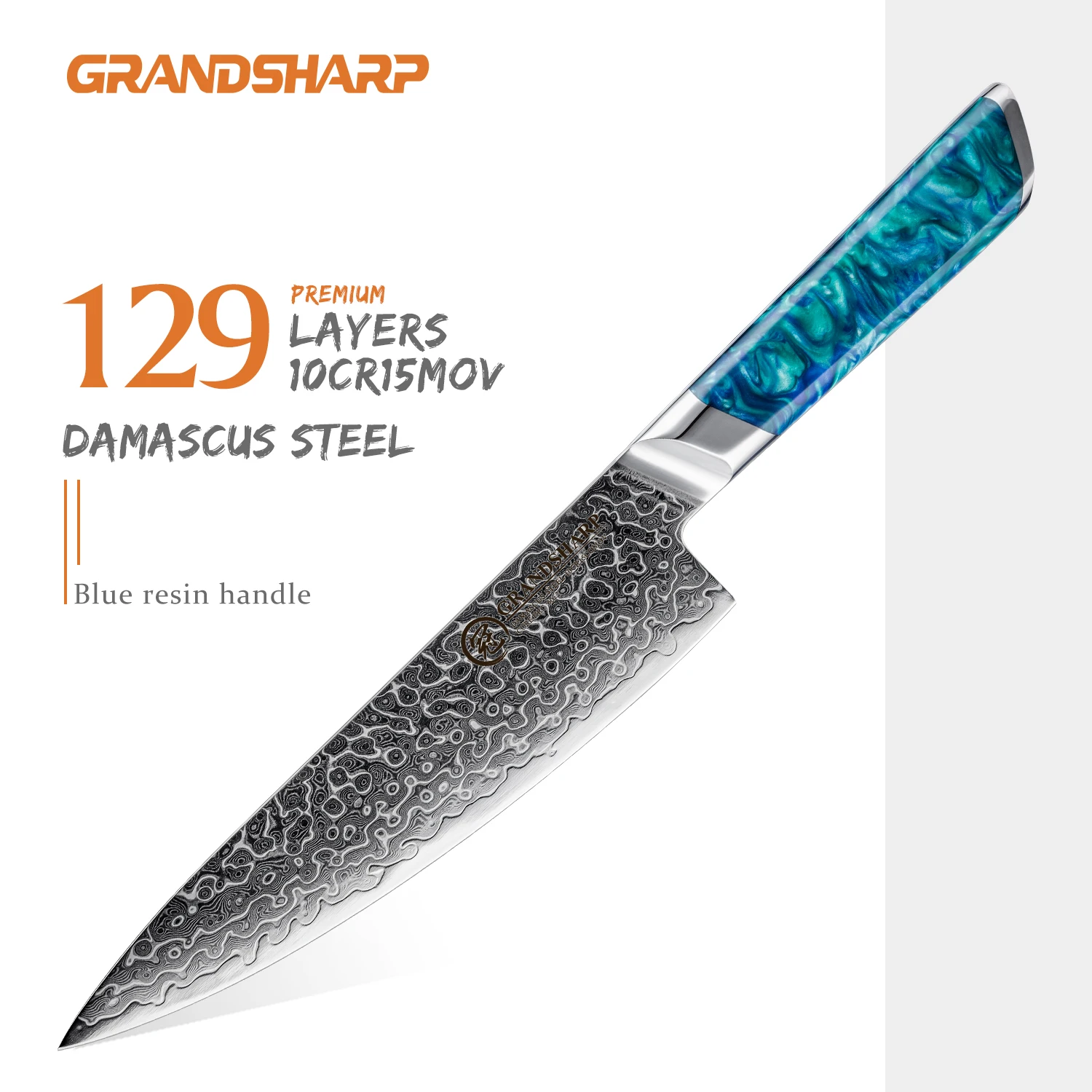 Grandsharp Gift Kitchen Knife 8 Inch Chef Knife 129 Layer Damascus Steel Blue Resin Handle 10Cr15MoV Core 62±2 HRC Hardness
Grandsharp Gift Kitchen Knife 8 Inch Chef Knife 129 Layer Damascus Steel Blue Resin Handle 10Cr15MoV Core 62±2 HRC Hardness
