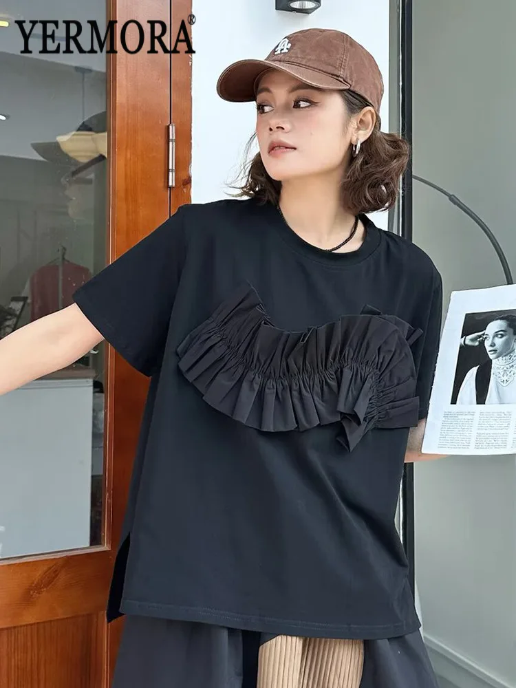 YERMORA Black Spliced Pleated Casual T-Shirt For Women O-Neck Short Sleeve Loose New Tops Fashion Tide Spring Summer 2026
YERMORA Black Spliced Pleated Casual T-Shirt For Women O-Neck Short Sleeve Loose New Tops Fashion Tide Spring Summer 2026