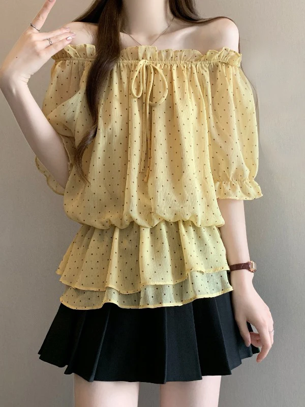 Yellow Polka Dot One Shoulder Chiffon Short Sleeve Shirt Women's Beautiful Summer New Style plus Size Waist Cinched Top
Yellow Polka Dot One Shoulder Chiffon Short Sleeve Shirt Women's Beautiful Summer New Style plus Size Waist Cinched Top