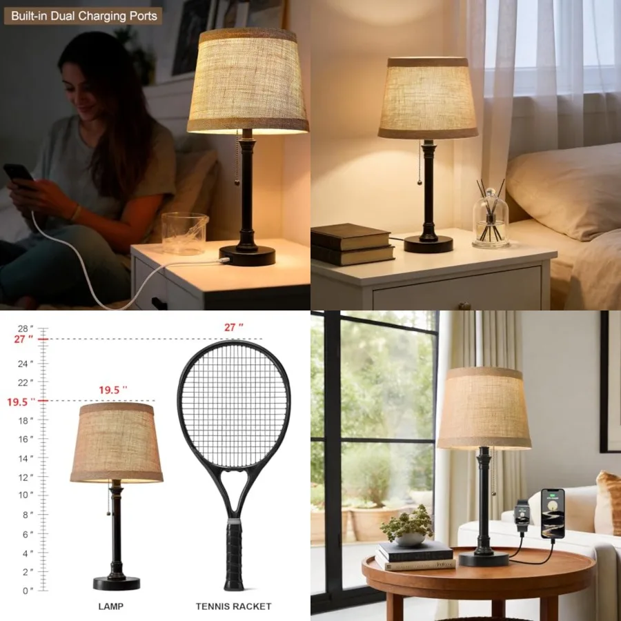 19.5" Small Table Lamp with USB A+C Charging Ports, Black Modern Rustic Bedside Lamp with Natural Shade, Black Metal Pull Chain
19.5" Small Table Lamp with USB A+C Charging Ports, Black Modern Rustic Bedside Lamp with Natural Shade, Black Metal Pull Chain
