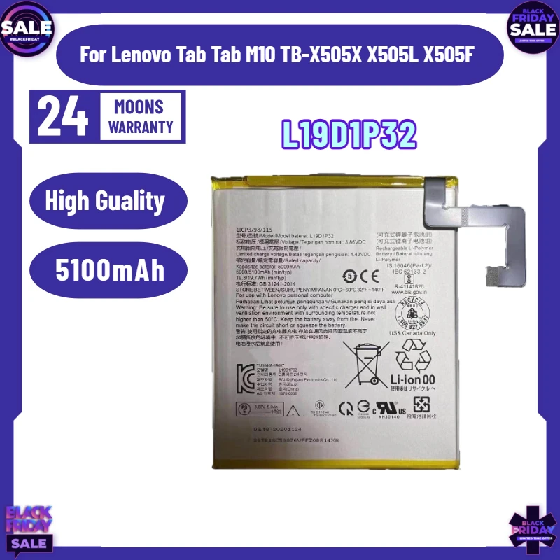 New L19D1P32 5100mAh Replace Battery for Lenovo Tab Tab M10 TB-X505X X505L X505F
New L19D1P32 5100mAh Replace Battery for Lenovo Tab Tab M10 TB-X505X X505L X505F