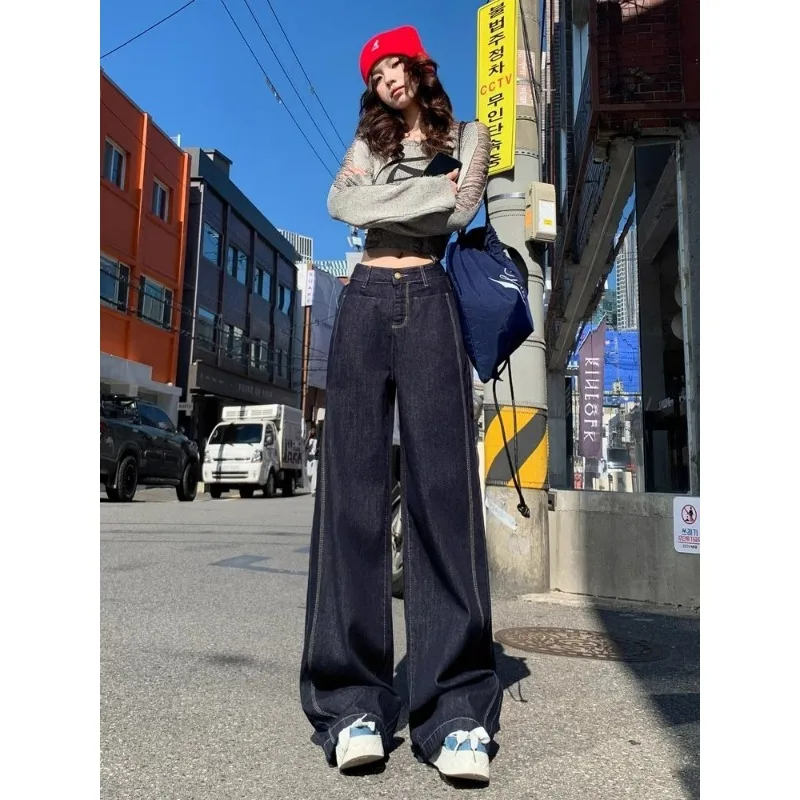 Флисовые темно-синие широкие джинсы женские, новый стиль, осень-зима 2025, свободные и утягивающие прямые брюки длиной до пола с драпировкой 
Флисовые темно-синие широкие джинсы женские, новый стиль, осень-зима 2025, свободные и утягивающие прямые брюки длиной до пола с драпировкой
