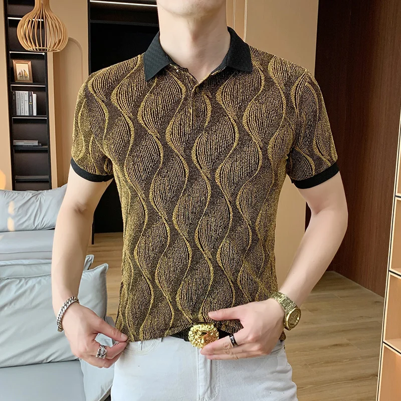 Мужская рубашка поло с золотой нитью и рябью, с коротким рукавом, облегающая шелковистая летняя качественная крутая эластичная рубашка против морщин, Camisas De Hombre
Мужская рубашка поло с золотой нитью и рябью, с коротким рукавом, облегающая шелковистая летняя качественная крутая эластичная рубашка против морщин, Camisas De Hombre