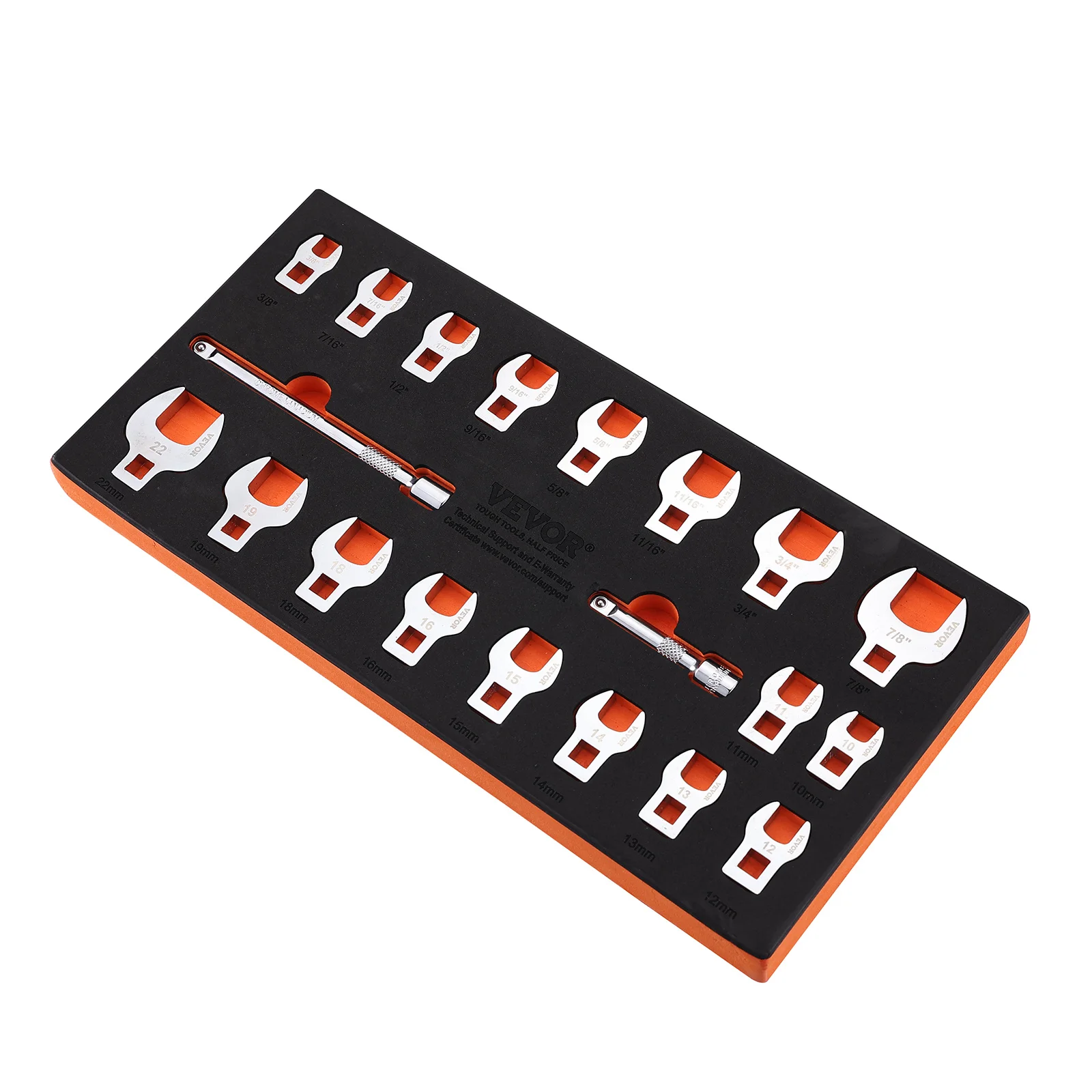 VEVOR 3/8" Drive Crowfoot Wrench Set with 2 Extension Bars, 20-Piece/24-Piece Crows Foot Wrench Set, SAE 3/8"-1" and Metric 10-22 mm, CR-MO Steel Crowfoot Wrench Set, with EVA Tool Organizer, Trumpet-shaped/Horn
VEVOR 3/8" Drive Crowfoot Wrench Set with 2 Extension Bars, 20-Piece/24-Piece Crows Foot Wrench Set, SAE 3/8"-1" and Metric 10-22 mm, CR-MO Steel Crowfoot Wrench Set, with EVA Tool Organizer, Trumpet-shaped/Horn