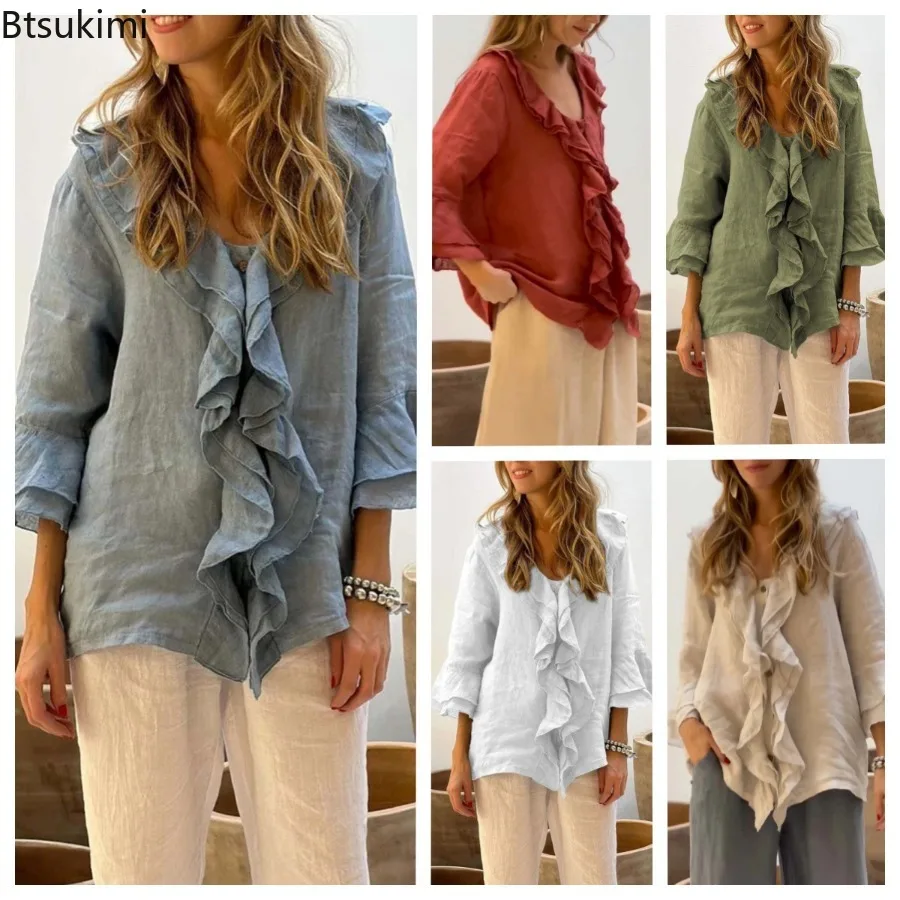 New Casual Vintage Solid Ruffle Shirts Top Women Spring Autumn Elegant V Neck Button Office Top 3/4 Flying Sleeve Loose Blouses
New Casual Vintage Solid Ruffle Shirts Top Women Spring Autumn Elegant V Neck Button Office Top 3/4 Flying Sleeve Loose Blouses