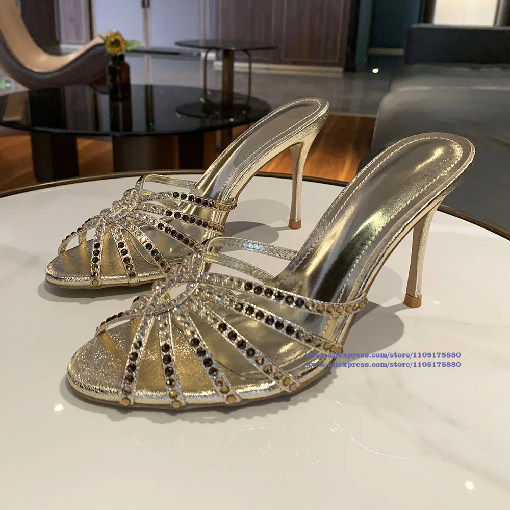 Women's Gold Rhinestone Embellished Strappy Open-Toe Stiletto Heel Mules Designer Dress Party Shoes Sandalias De Mujer Verano
Women's Gold Rhinestone Embellished Strappy Open-Toe Stiletto Heel Mules Designer Dress Party Shoes Sandalias De Mujer Verano