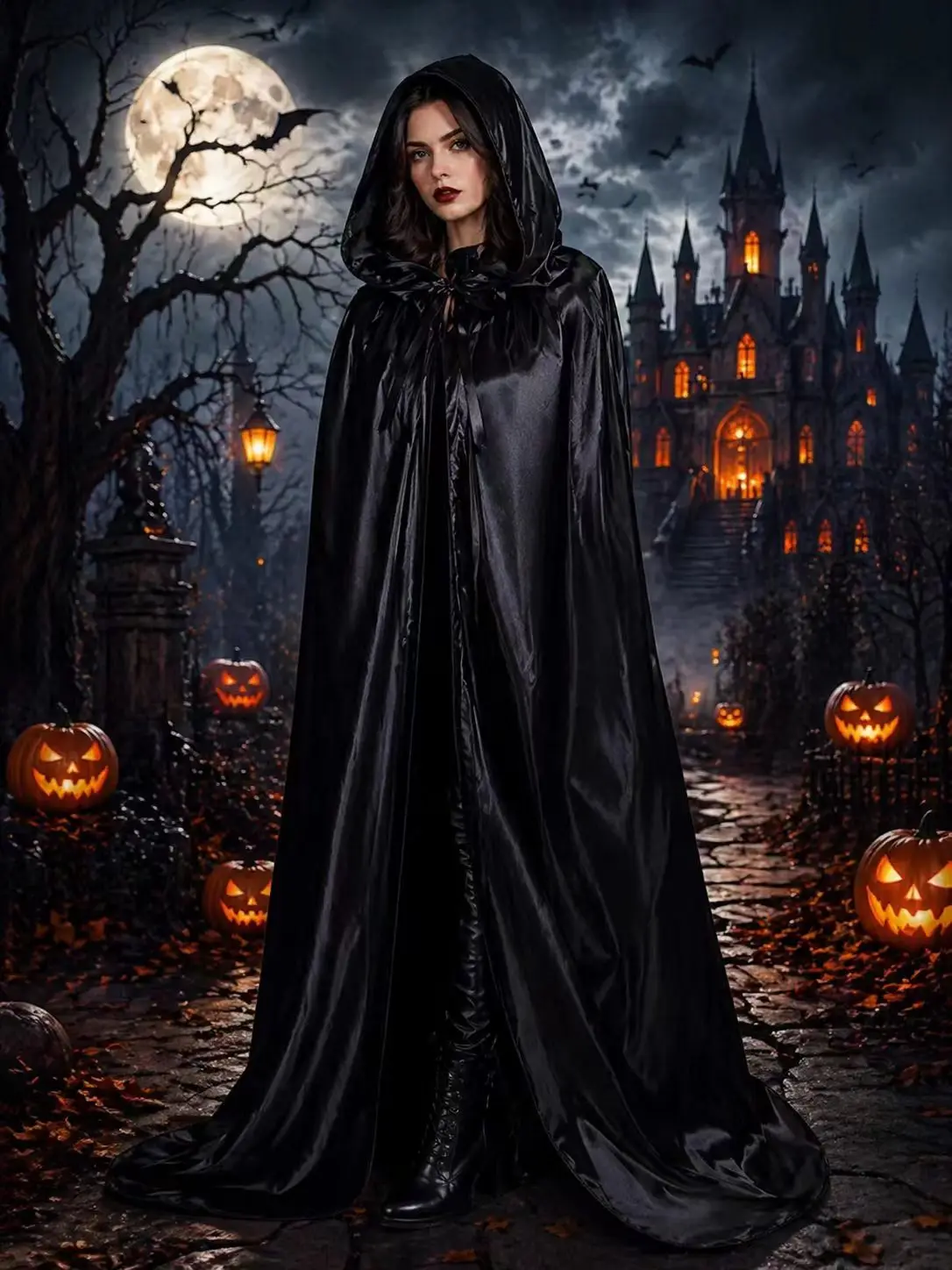 Halloween Black Hooded Satin Cape, Vampire Witch Cloak For Cosplay And Costume Parties
Halloween Black Hooded Satin Cape, Vampire Witch Cloak For Cosplay And Costume Parties