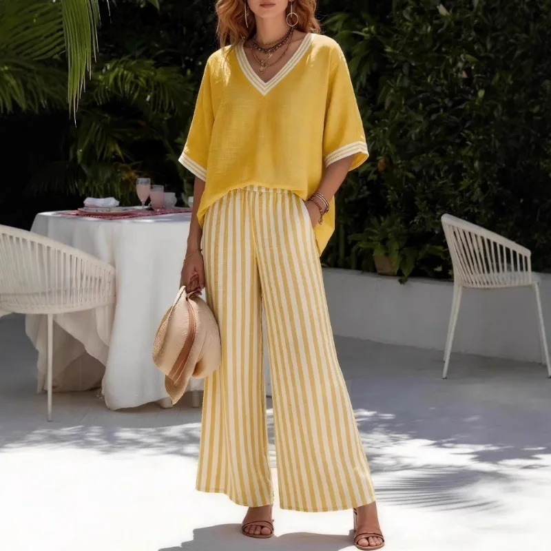 2026 Retro Summer Women's Linen 2 Piece Outfit V Neck Loose Fitting Pullover Short Sleeved and Striped Wide Leg Pants Suit New
2026 Retro Summer Women's Linen 2 Piece Outfit V Neck Loose Fitting Pullover Short Sleeved and Striped Wide Leg Pants Suit New