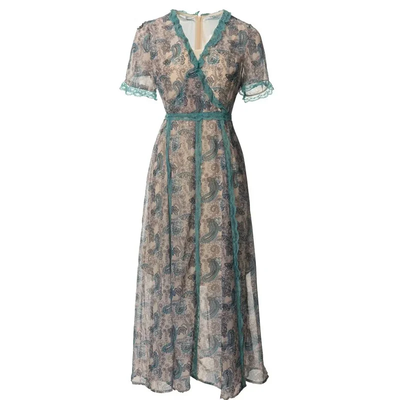 2023 Fashion Designer Women Long Vestido Vintage Print V-Neck Short Sleeve Lace Chiffon Sling Lining Dress 2 Pieces Set
2023 Fashion Designer Women Long Vestido Vintage Print V-Neck Short Sleeve Lace Chiffon Sling Lining Dress 2 Pieces Set