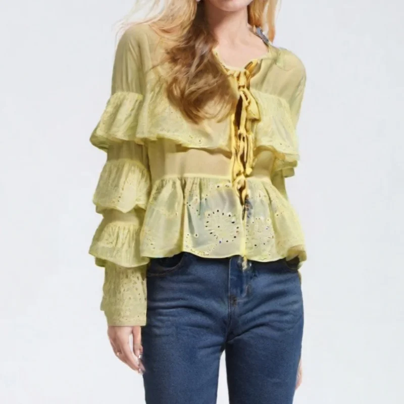 Women Spring Front Bow Tied Hollow Out Shirt Tops Long Sleeve Round Neck Ruffle Tiered Floral Jacquard Eyelet Blouses 
Women Spring Front Bow Tied Hollow Out Shirt Tops Long Sleeve Round Neck Ruffle Tiered Floral Jacquard Eyelet Blouses