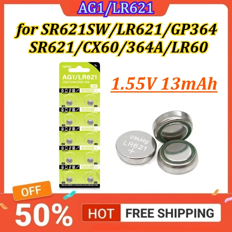 Батарейка щелочная 1.55V 13mAh AG1 LR621 364 V364 164 531 SR621 SR621SW SR60 CX60 для часов, автомобильных ключей, пультов ДУ, игрушек, кнопочных устройств, батарейка-таблетка
Батарейка щелочная 1.55V 13mAh AG1 LR621 364 V364 164 531 SR621 SR621SW SR60 CX60 для часов, автомобильных ключей, пультов ДУ, игрушек, кнопочных устройств, батарейка-таблетка