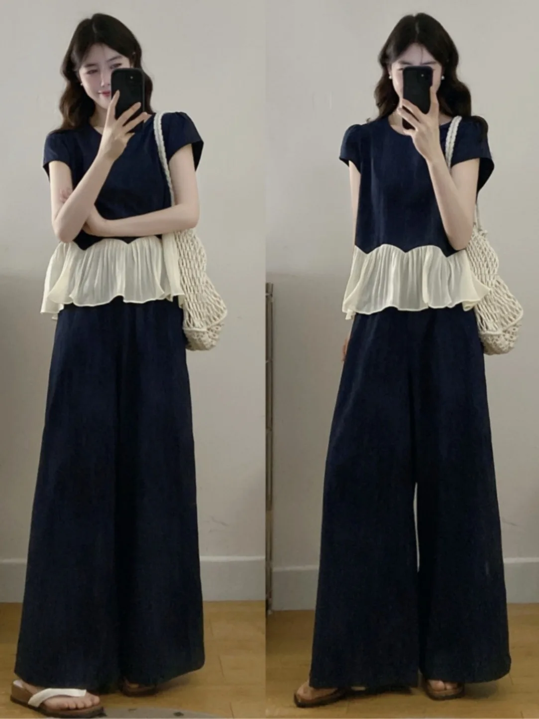 plus Size Fashionable Summer Denim Color Block Wide Leg Pants Set Slimming Loose Meat Covering Trendy Outfit for plus Size Women
plus Size Fashionable Summer Denim Color Block Wide Leg Pants Set Slimming Loose Meat Covering Trendy Outfit for plus Size Women