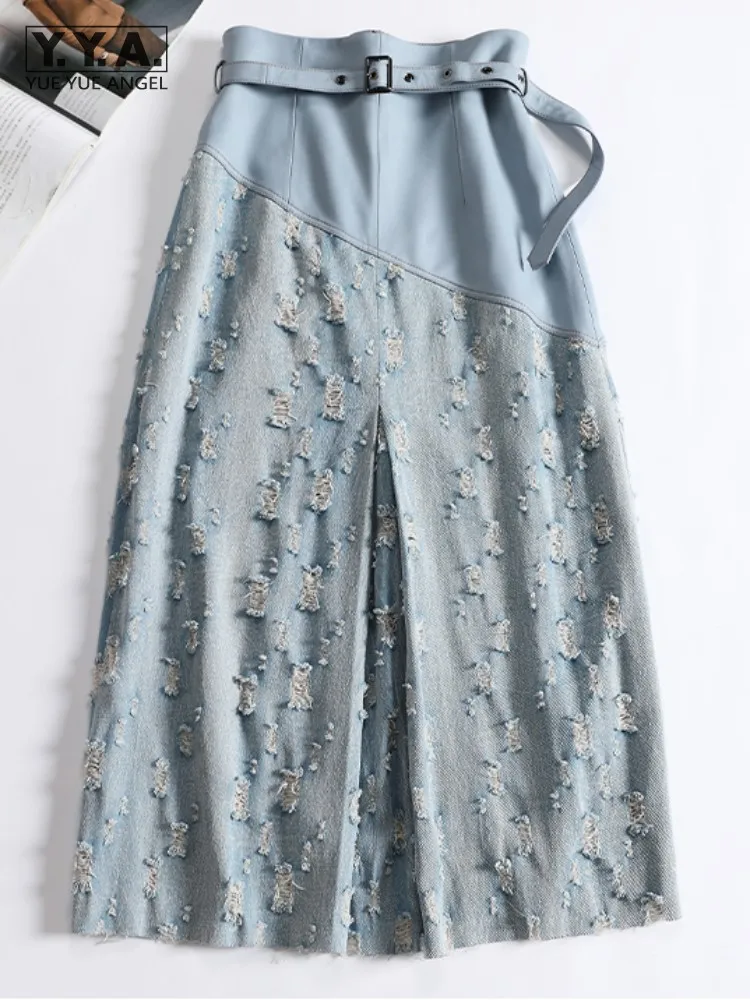 Women Hole Ripped A-Line Denim Skirt Patchwork Fashion High Waist Sheepskin Genuine Leather Skirt Designer Ladies Long Skirts
Women Hole Ripped A-Line Denim Skirt Patchwork Fashion High Waist Sheepskin Genuine Leather Skirt Designer Ladies Long Skirts