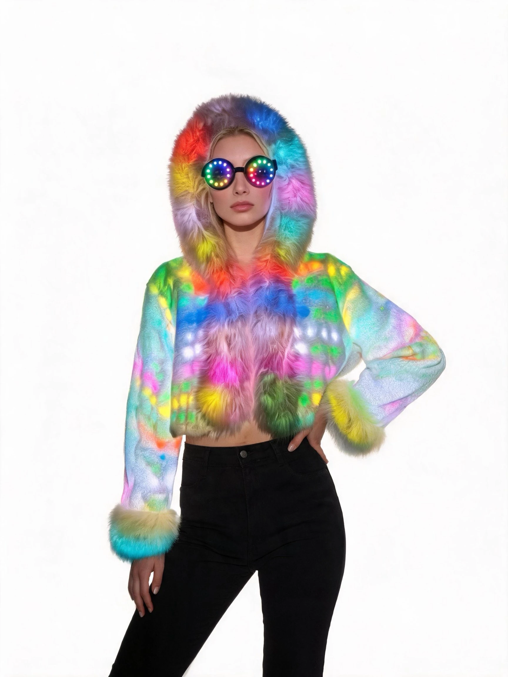 Women's LED Light-Up Colorful Faux Fur Jacket Hooded Zip-Up Short Coat with Fuzzy Cuffs for Rave Festival Party Clubwear
Women's LED Light-Up Colorful Faux Fur Jacket Hooded Zip-Up Short Coat with Fuzzy Cuffs for Rave Festival Party Clubwear