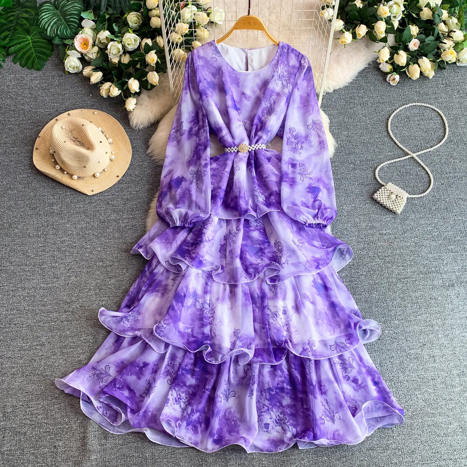 Purple/Green/Blue Tie-Dye Print Long Sleeve Dress Women Round Neck Pearl Belt Tiered Ruffle Maxi Dress 2026 Spring Autumn New
Purple/Green/Blue Tie-Dye Print Long Sleeve Dress Women Round Neck Pearl Belt Tiered Ruffle Maxi Dress 2026 Spring Autumn New