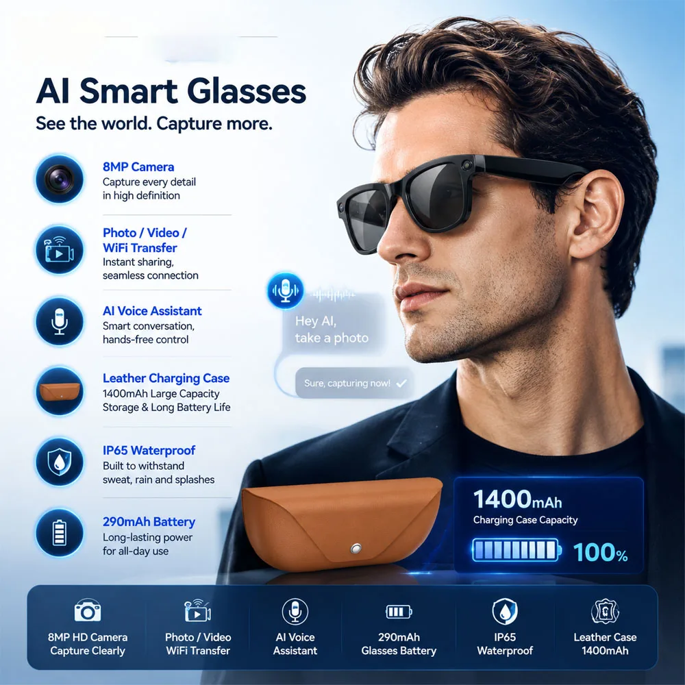 NEW 4K HD Smart Glasses 800W HD Camera EIS Anti-Shake Shooting IP54 Waterproof AI Dialogue Translation Smart Glasses Men Women
NEW 4K HD Smart Glasses 800W HD Camera EIS Anti-Shake Shooting IP54 Waterproof AI Dialogue Translation Smart Glasses Men Women