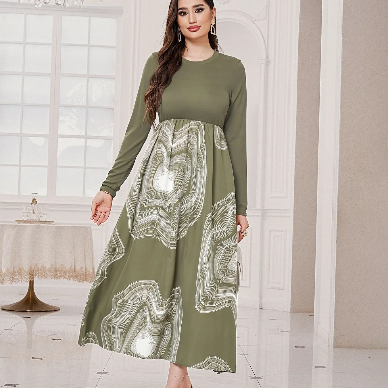 Fashion O Neck long Sleeve knitted Patchwork print Long Dresses autumn Women Elegant Green Pleated party Dress Casual Streetwear
Fashion O Neck long Sleeve knitted Patchwork print Long Dresses autumn Women Elegant Green Pleated party Dress Casual Streetwear