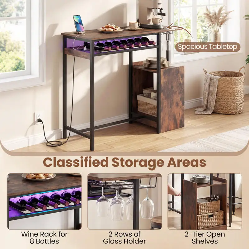 Rectangular Bar Table with Charging Station and LED Light-Rustic Brown