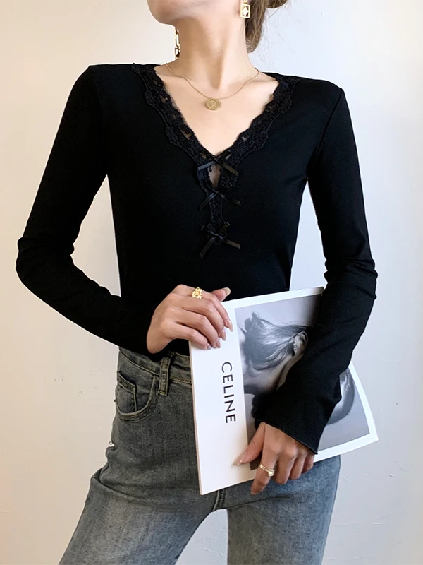 Женская длинная трикотажная футболка Bla Lace Base с V-образным вырезом, облегающая, с узлом, весенняя, из хлопка
Женская длинная трикотажная футболка Bla Lace Base с V-образным вырезом, облегающая, с узлом, весенняя, из хлопка