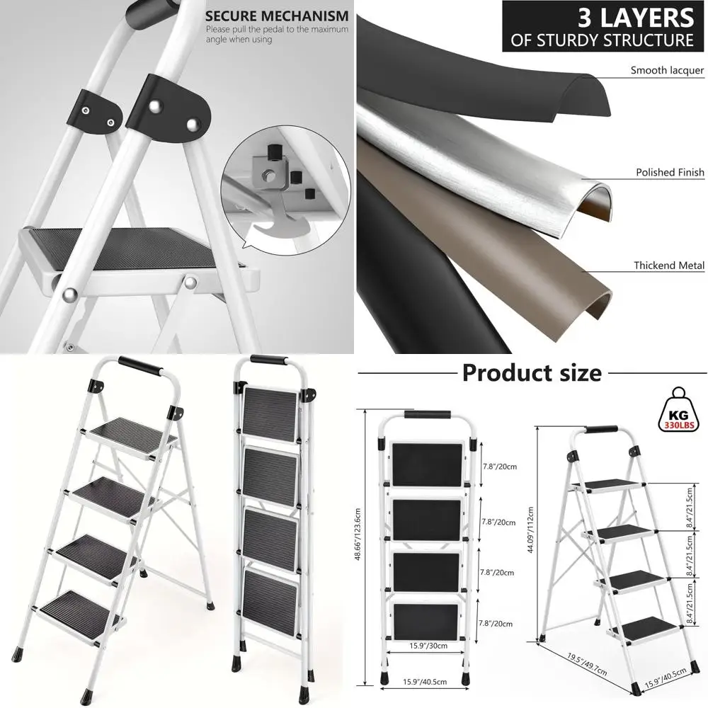Folding 4-Step Ladder, 800lb Capacity, Anti-Slip Treads, Portable Step Stool for Home and Outdoor, Adult-Sized, Black & White
Folding 4-Step Ladder, 800lb Capacity, Anti-Slip Treads, Portable Step Stool for Home and Outdoor, Adult-Sized, Black & White