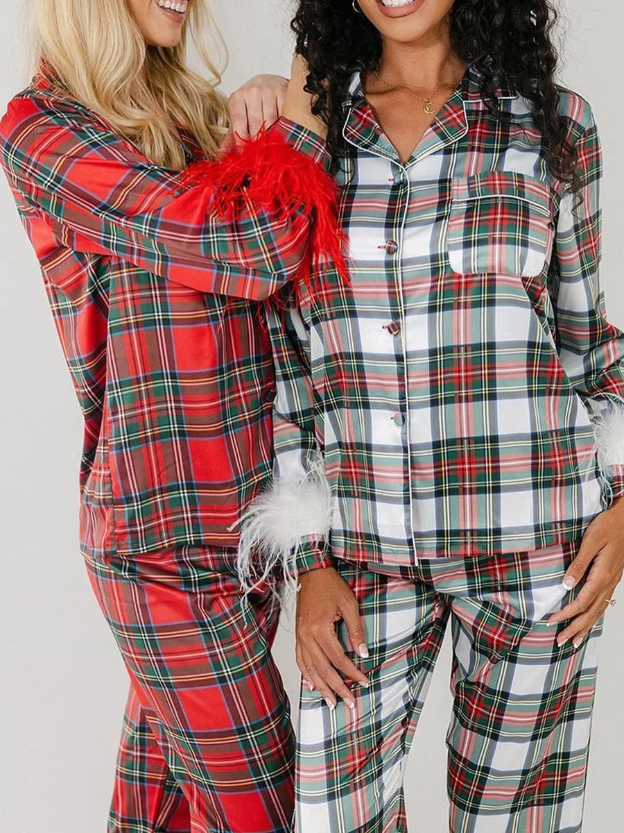 Women'S Christmas 2PCS Set Long Sleeved Lapel Button Up Shirt Top Solid Color/Plaid Printed Feather Decoration Pants Pajama Set
Women'S Christmas 2PCS Set Long Sleeved Lapel Button Up Shirt Top Solid Color/Plaid Printed Feather Decoration Pants Pajama Set