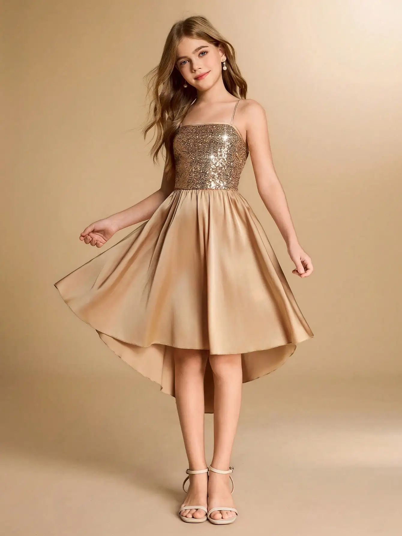 Girls Sequin Bodice Satin Dress with Asymmetrical Hem, Formal Occasion Wear
Girls Sequin Bodice Satin Dress with Asymmetrical Hem, Formal Occasion Wear