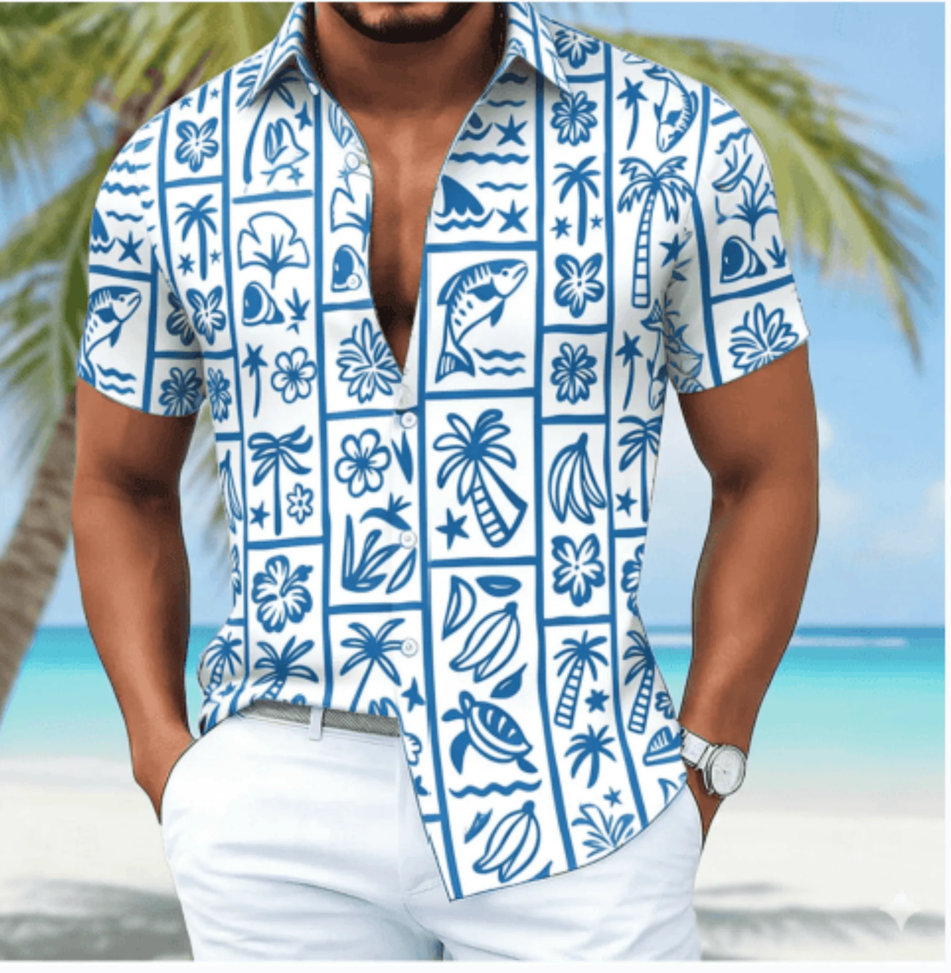 Men's Ocean Tribal Print Short Sleeve Shirt, Spring Summer Hawaiian Vacation Blouse, Turn-Down Collar Loose Top
Men's Ocean Tribal Print Short Sleeve Shirt, Spring Summer Hawaiian Vacation Blouse, Turn-Down Collar Loose Top