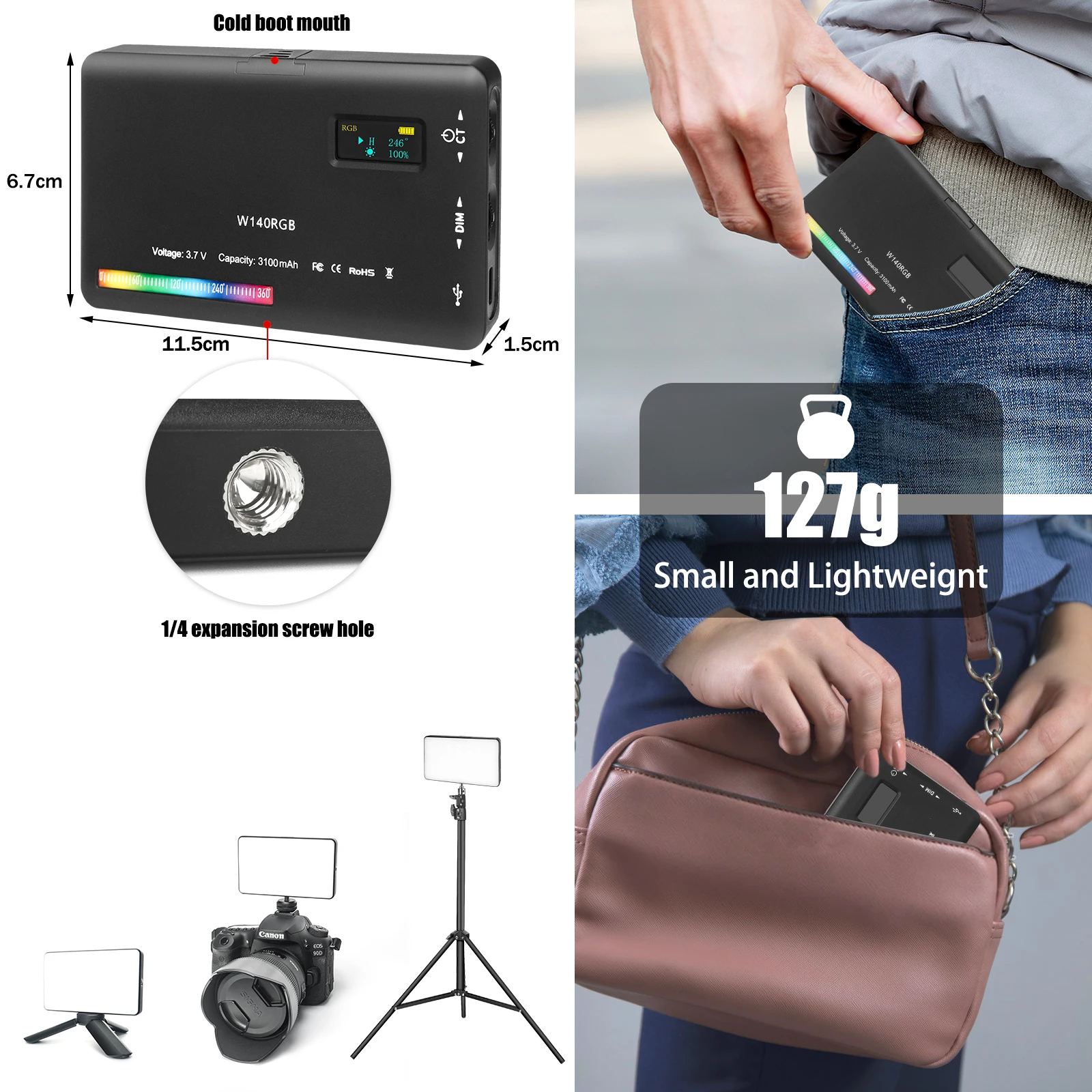 LUXCEO W140 V10 Видеосвет RGB Панель на камеру Освещение для фотосъемки Светодиодная заполняющая лампа с регулируемой яркостью для видеоблогов, видеоконференций
LUXCEO W140 V10 Видеосвет RGB Панель на камеру Освещение для фотосъемки Светодиодная заполняющая лампа с регулируемой яркостью для видеоблогов, видеоконференций