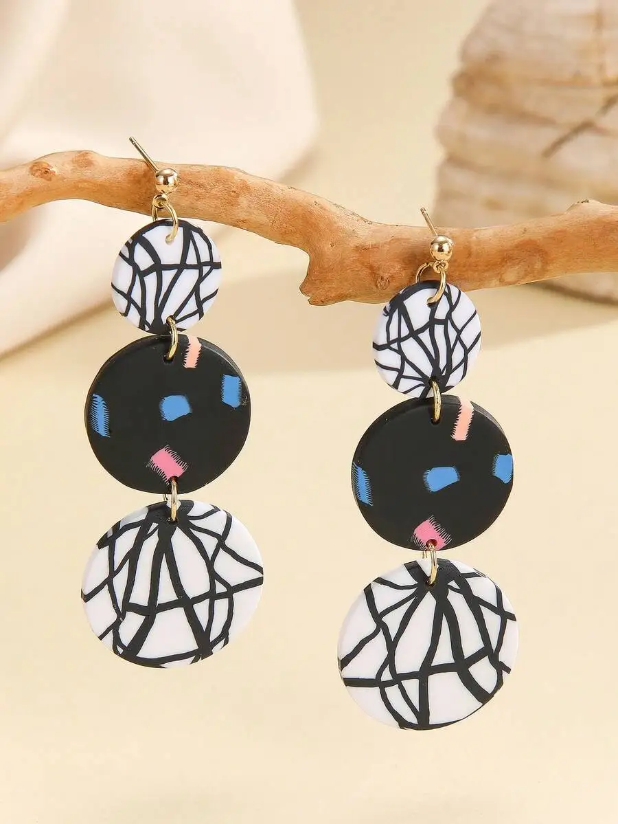 Polymer Clay Triple Disc Drop Earrings Black White Geometric Abstract Pattern Lightweight Bohemian Style
Polymer Clay Triple Disc Drop Earrings Black White Geometric Abstract Pattern Lightweight Bohemian Style