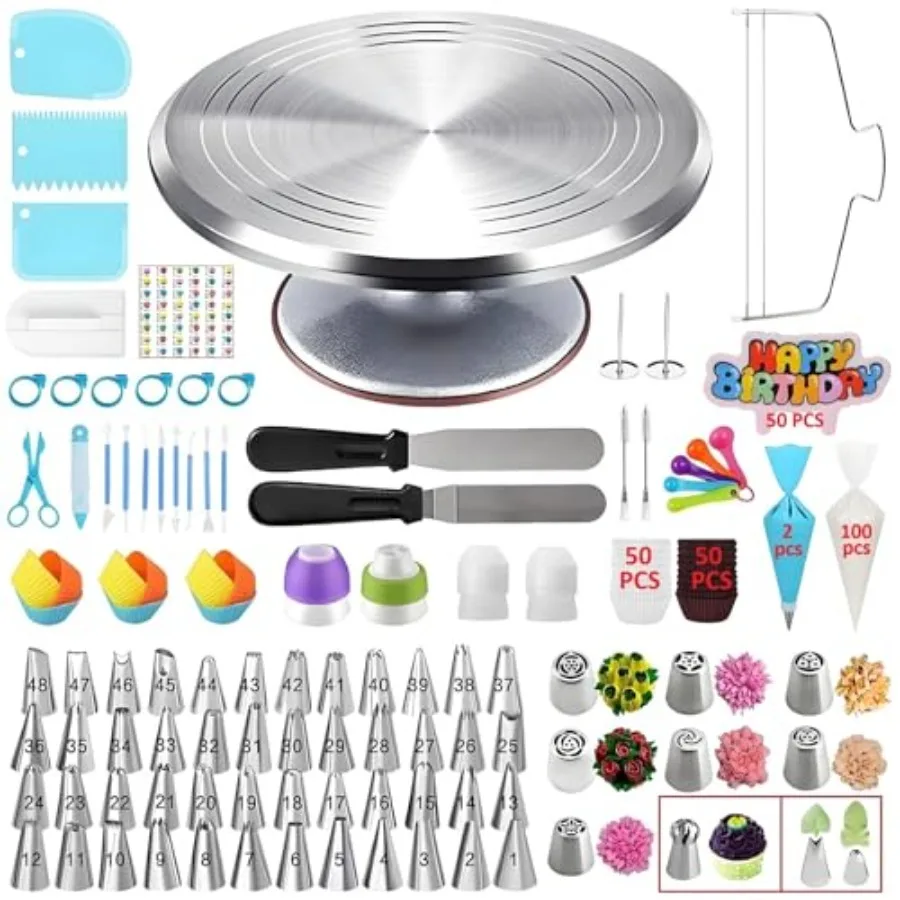 Набор для украшения тортов из 357 предметов с вращающейся подставкой из алюминиевого сплава, 48 насадок для глазури с номерами, 8 российских насадок + все насадки, 2 насадки для глазури, 50 флажков для торта
Набор для украшения тортов из 357 предметов с вращающейся подставкой из алюминиевого сплава, 48 насадок для глазури с номерами, 8 российских насадок + все насадки, 2 насадки для глазури, 50 флажков для торта
