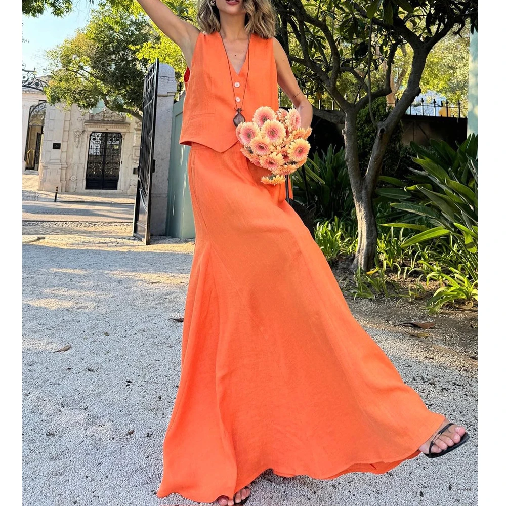 Cotton And Linen Material Women V-Neck Sleeveless Vests With High Waist Long Skirts Two Pieces Sets Summer Suits Ladies Outfits
Cotton And Linen Material Women V-Neck Sleeveless Vests With High Waist Long Skirts Two Pieces Sets Summer Suits Ladies Outfits