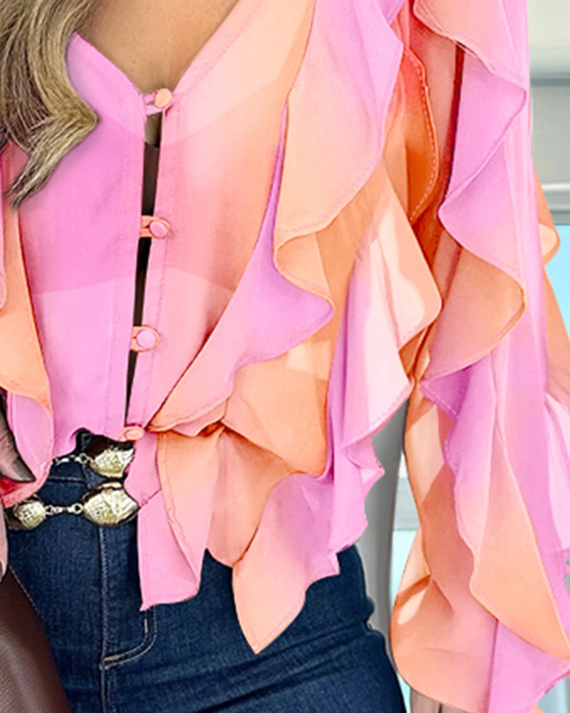 Women Blouse 2025 Spring Fashion Unique Ombre V Neck Shoulder Asymmetrical Ruffles Blouse Casual Button Front Long Sleeve Top
Women Blouse 2025 Spring Fashion Unique Ombre V Neck Shoulder Asymmetrical Ruffles Blouse Casual Button Front Long Sleeve Top