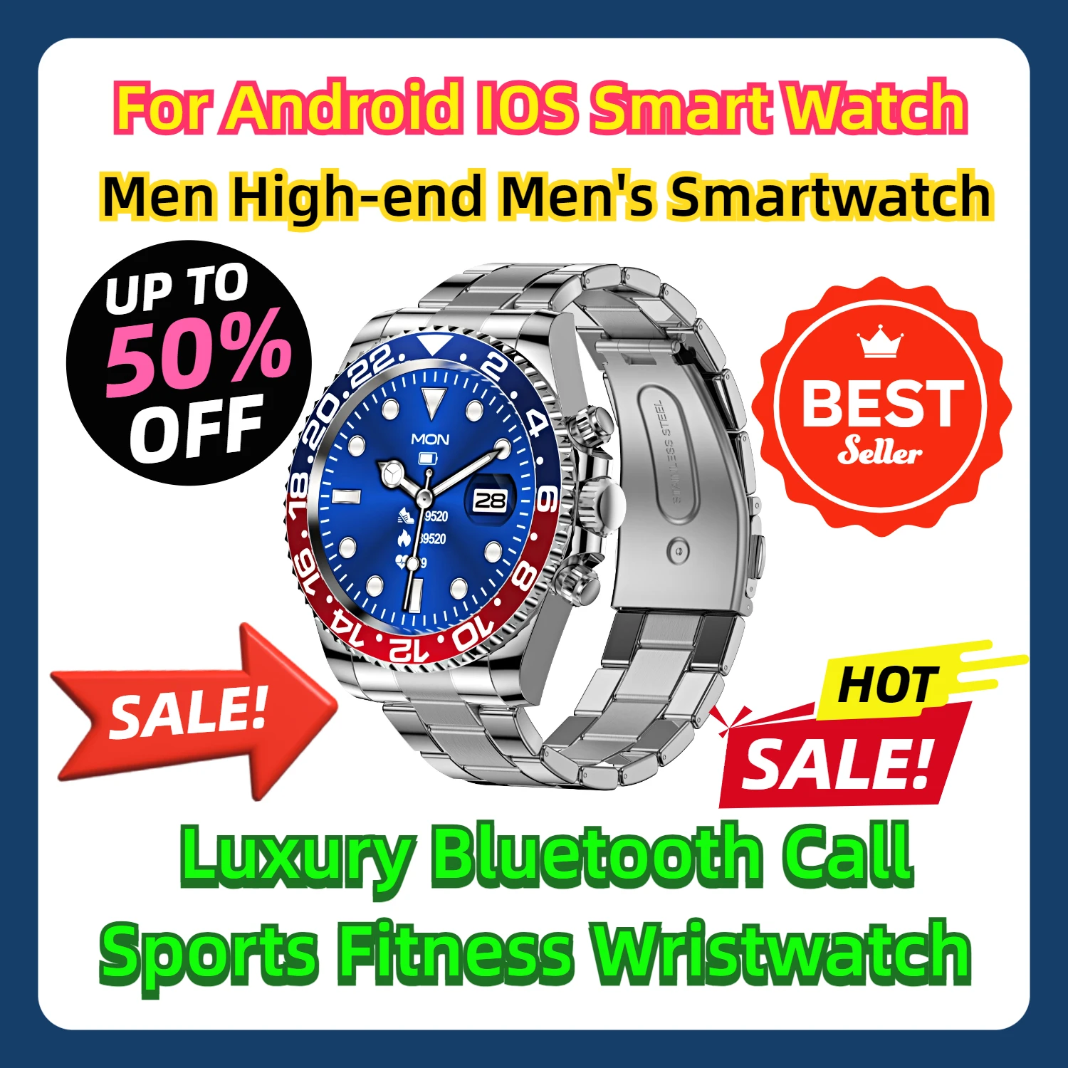 For Android IOS Smart Watch Men High-end Men's Smartwatch Luxury Bluetooth Call Sports Fitness Wristwatch
For Android IOS Smart Watch Men High-end Men's Smartwatch Luxury Bluetooth Call Sports Fitness Wristwatch